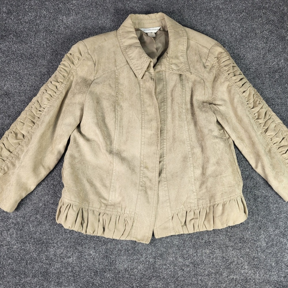 Christopher & Banks Tan Faux Suede Ruffle Hem Ruched Sleeve Jacket Medium